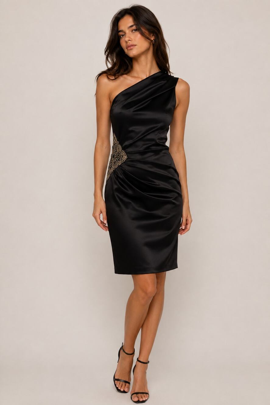 Eliza J | NWT Missy One Shoulder Satin Dress in Black Cocktail Midi 4